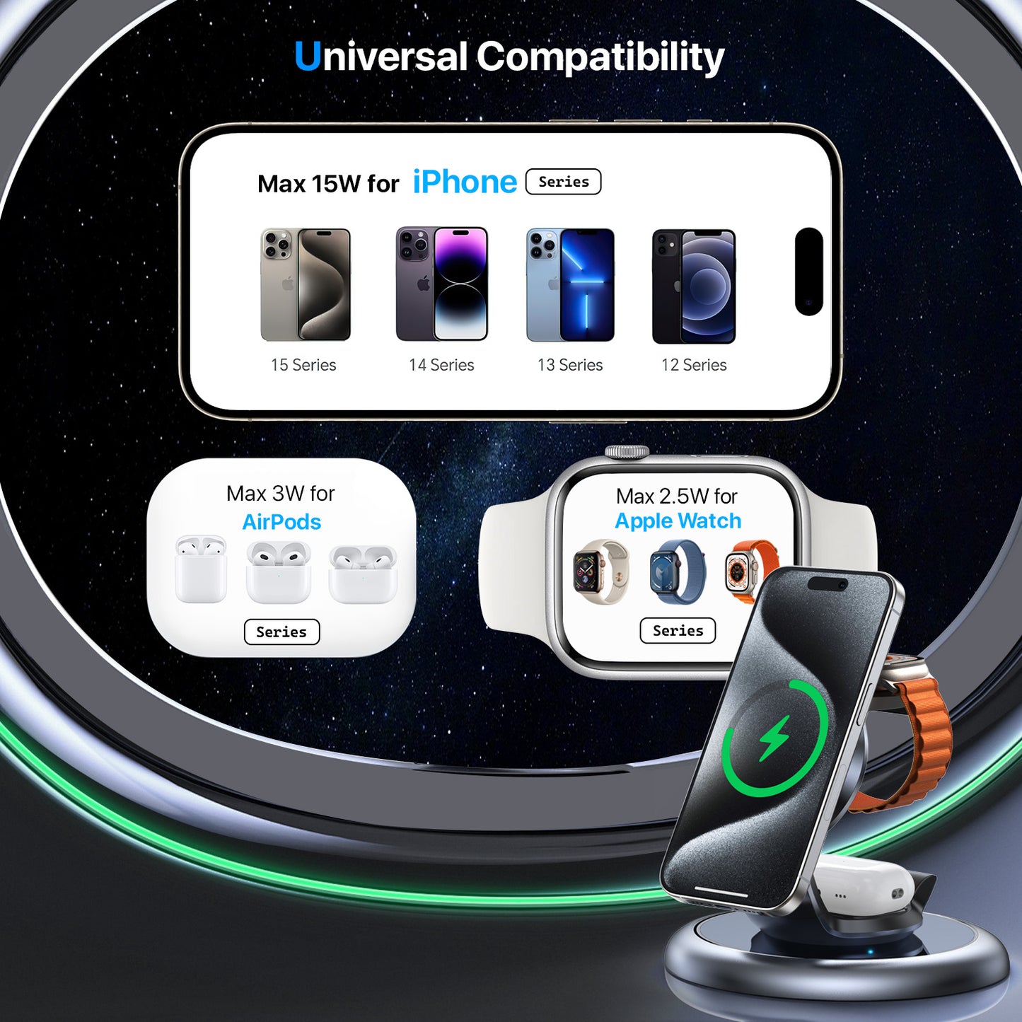 3-in-1 Magsafe Wireless Charging Station for iPhone, Apple Watch & AirPods-Fast & Safe Charging Dock