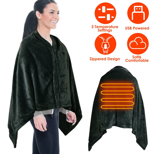 Cozy USB Heated Shawl Blanket – Zipper Design, 3 Heat Levels, Washable Winter Wrap