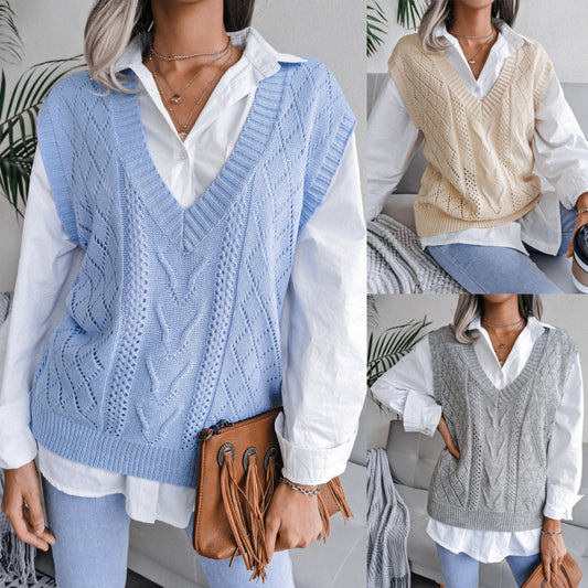 Hollowed-out Twisted V-neck Knitted Vest Sweater For Women