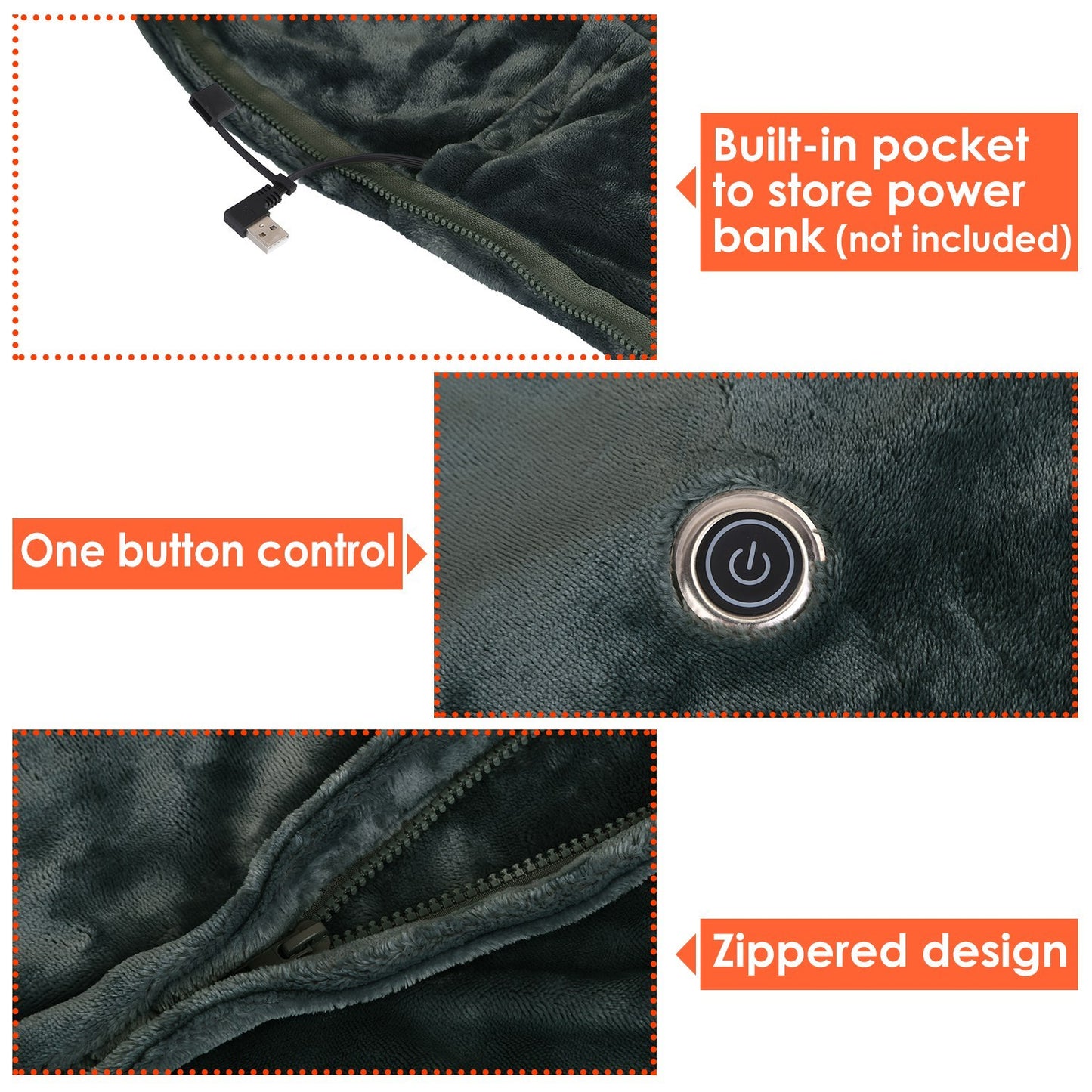 Cozy USB Heated Shawl Blanket – Zipper Design, 3 Heat Levels, Washable Winter Wrap