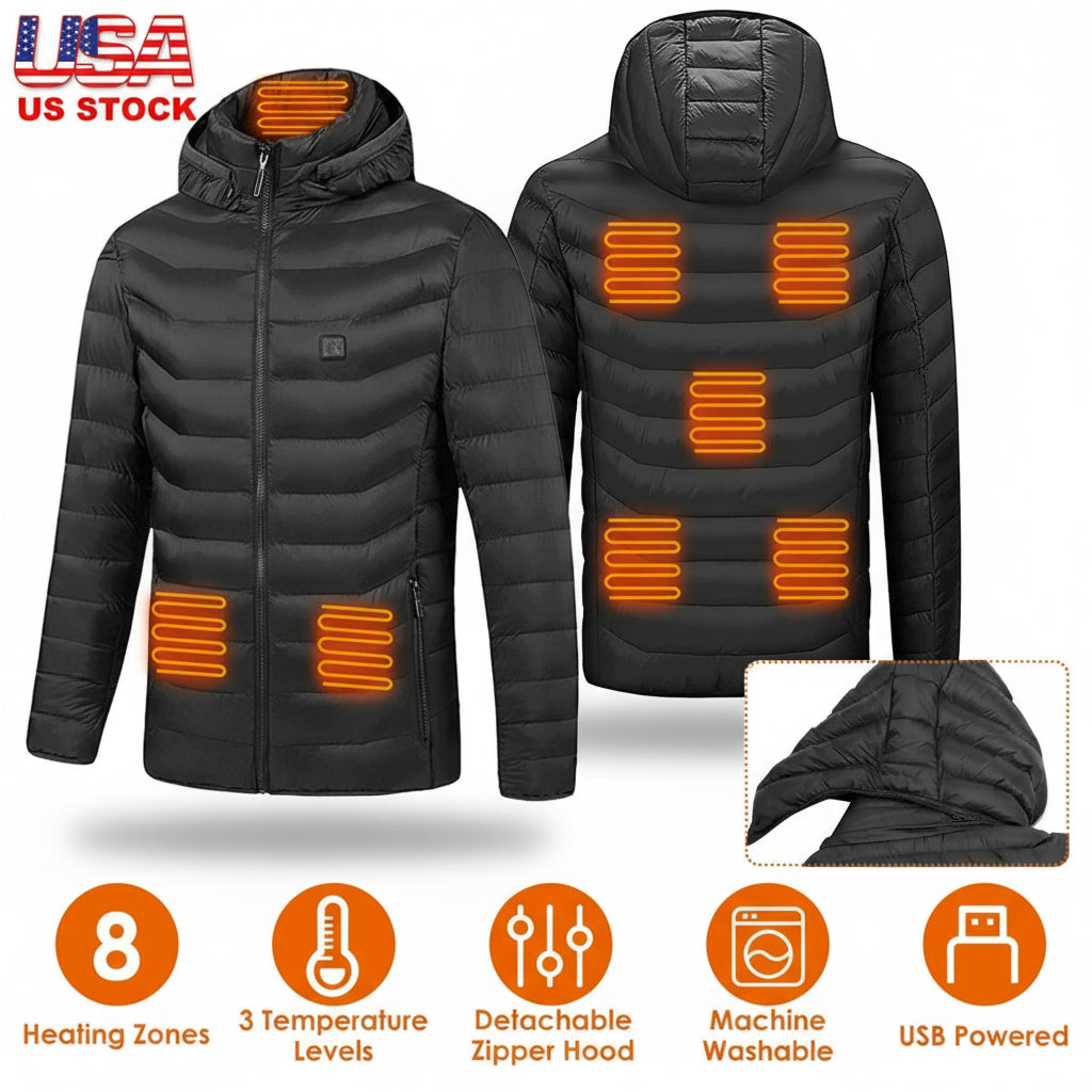 1Pc Heated Jacket Electric Heating Coat Lightweight Winter Hooded Jacket With 3-Level Heating Modes 8 Heating Zones Detachable Zipper Hood