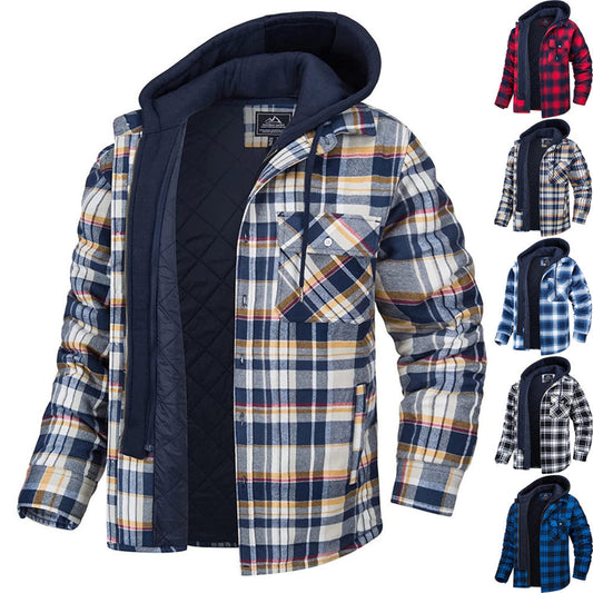 Men's Plaid Hooded Coat Winter Jacket -Warm Thick Casual Zip-Up Coat